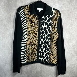 Northern Isles Full Zip Sweater Womens Large Black Animal Print‎ Cotton Casual